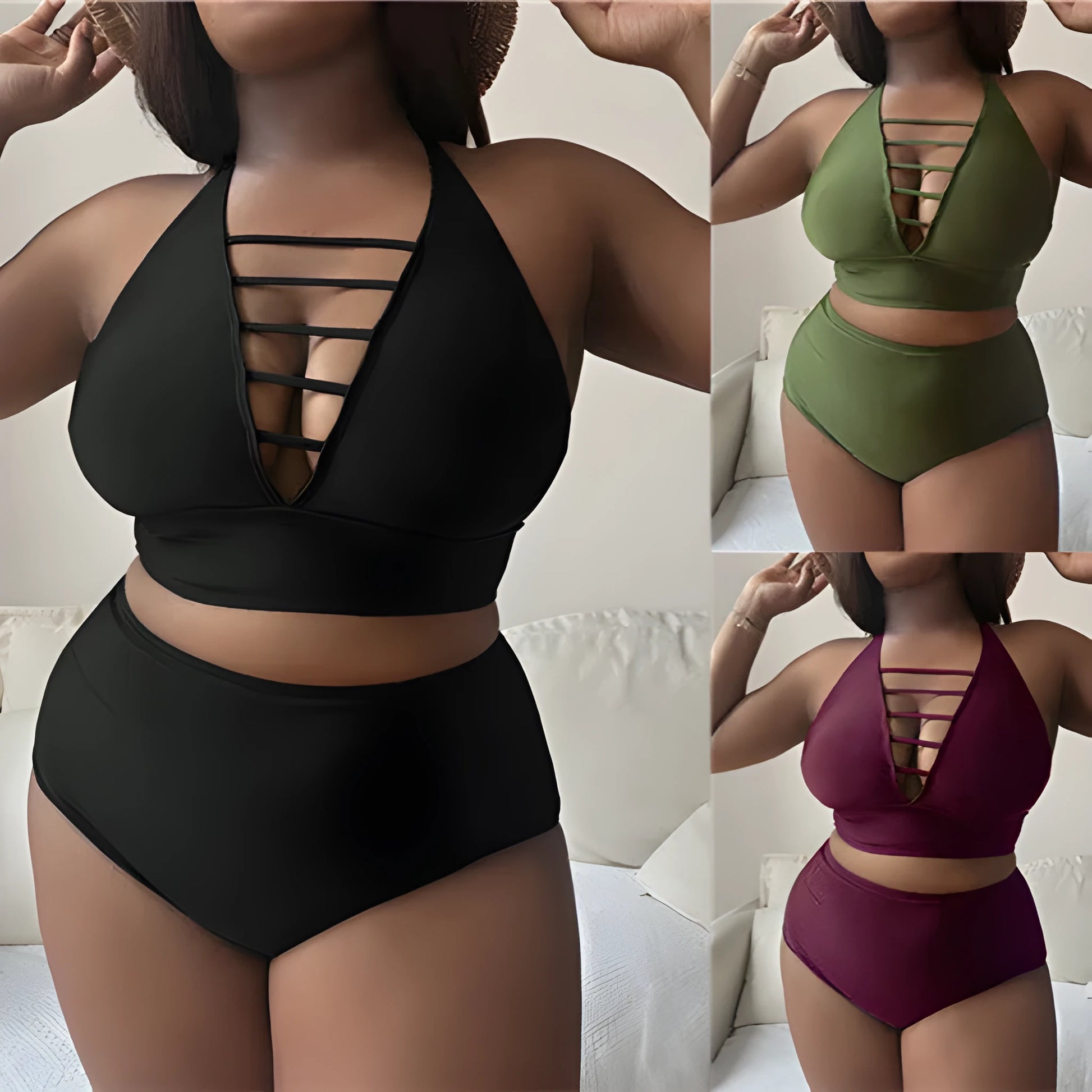 Plus size halter bikini set with adjustable straps and high-waist briefs in solid colour