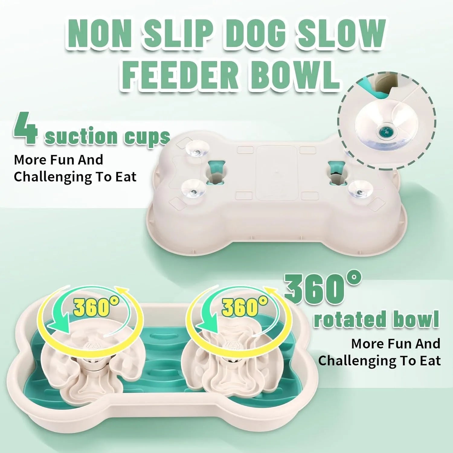 Green, pink, and yellow large slow feeder dog bowl with three puzzle trays and suction cups.