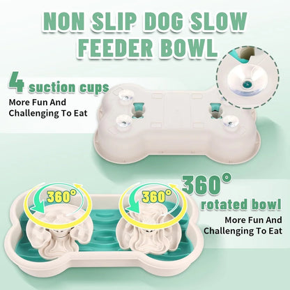 Green, pink, and yellow large slow feeder dog bowl with three puzzle trays and suction cups.