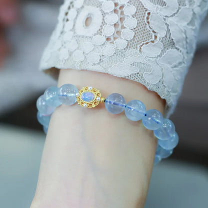 Handmade DIY aquamarine and pink crystal bracelet with Chinese Fox charm for women