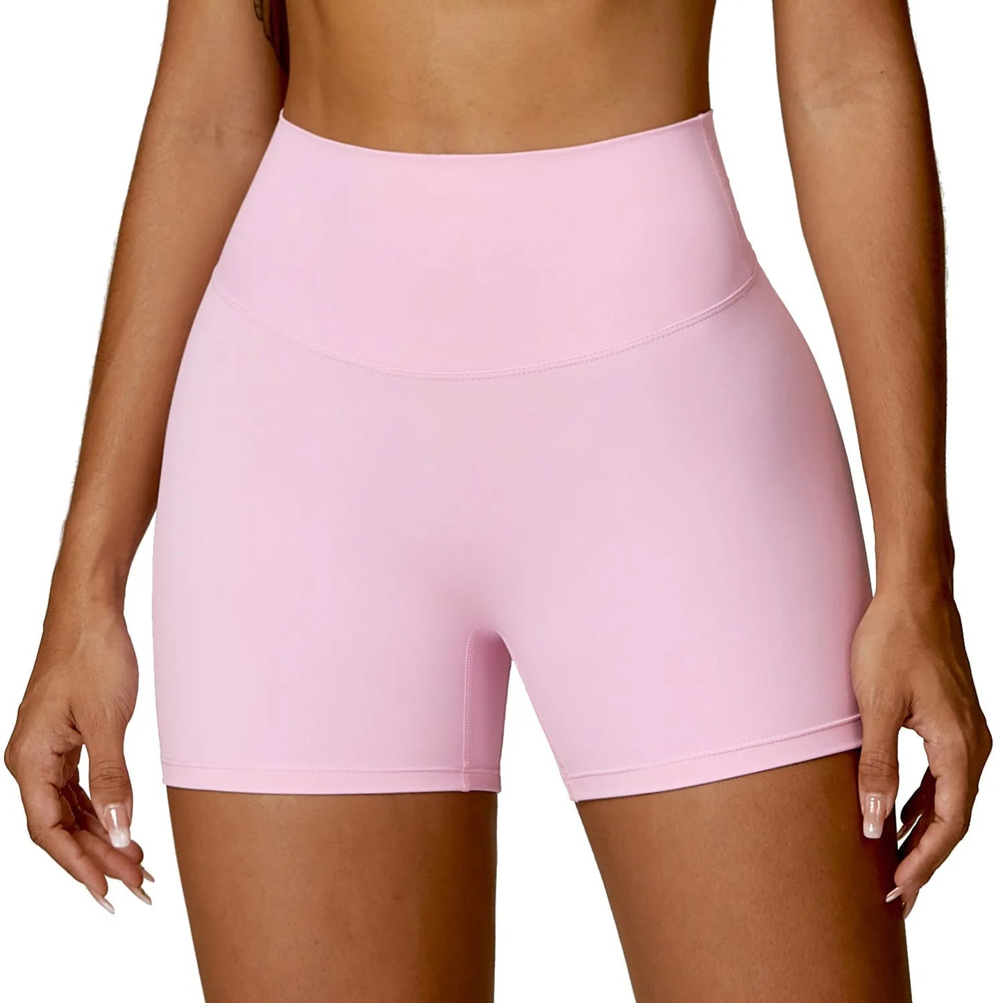 Women's high waist yoga shorts in nylon fabric with belly contracting design and hip lifting cut