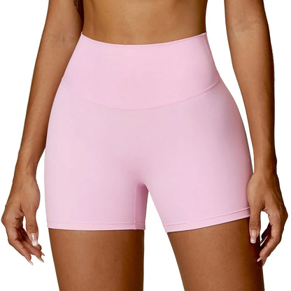 Women's high waist yoga shorts in nylon fabric with belly contracting design and hip lifting cut