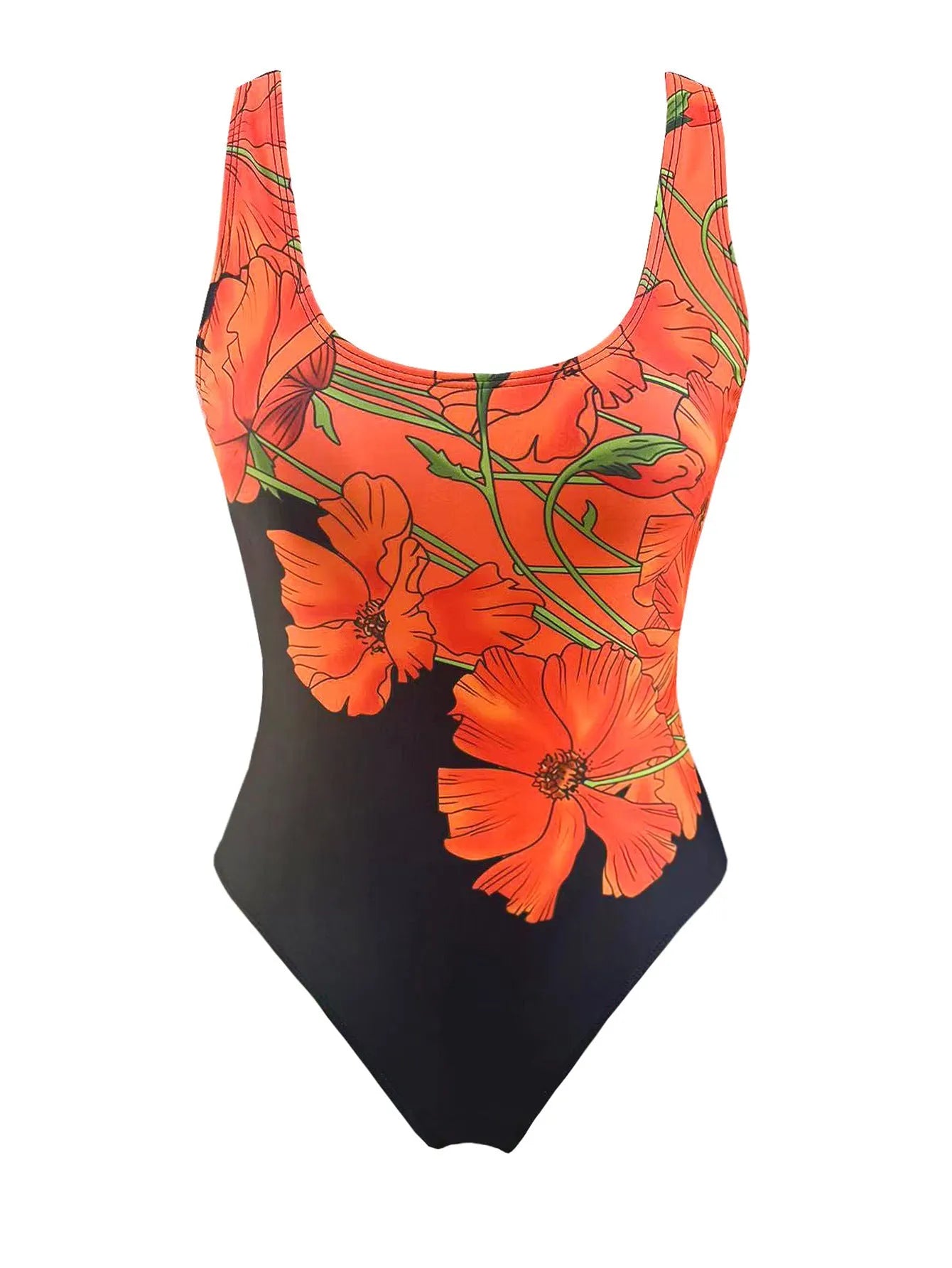Orange flower print on a backless, slim fit one-piece swimsuit for swimming.