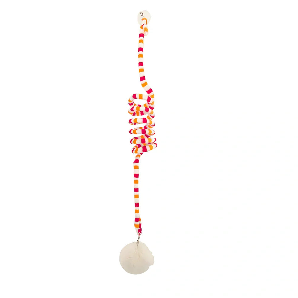 Blue interactive cat hanging toy with 8cm plush ball on 70cm stretch wand to 180cm, sucker base for window play