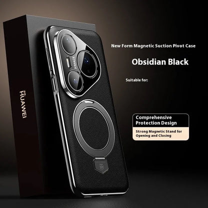 Magnetic rotating bracket phone case for Huawei Pura 70/80 in Obsidian Black frosted feilin leather with fall protection