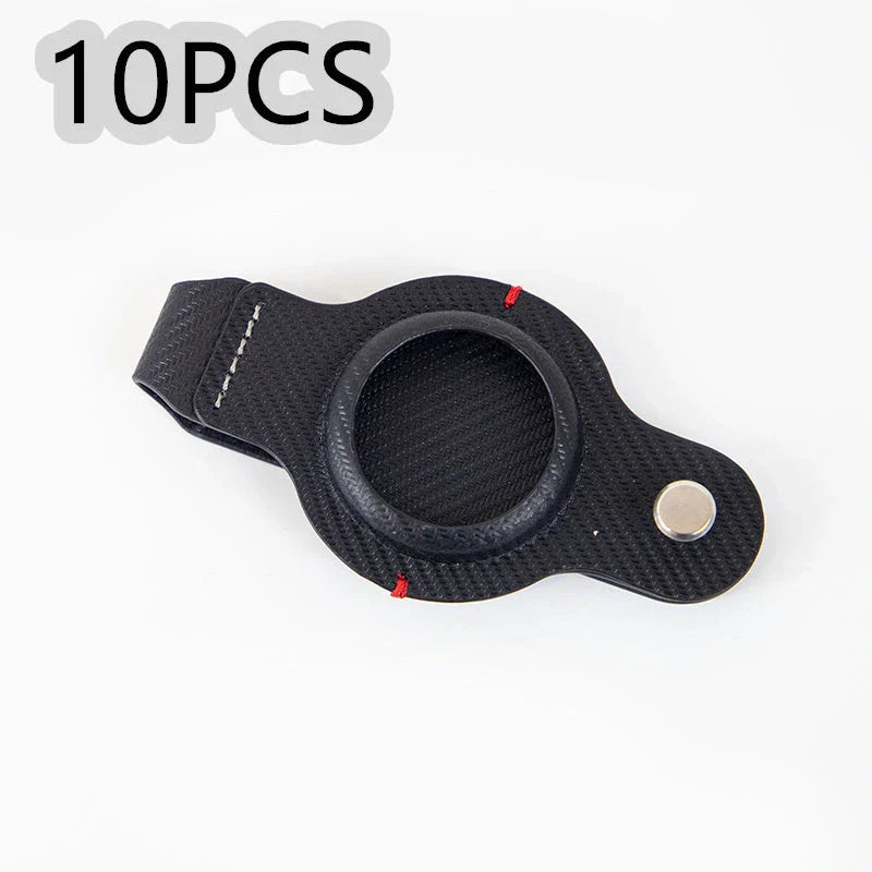 Premium PU leather AirTag keychain holder in black and grey colors for secure tracking of valuables