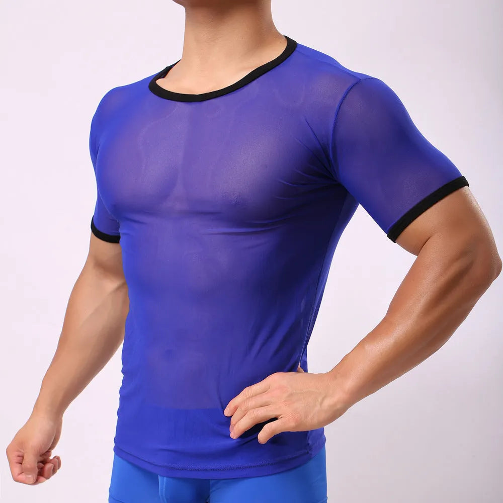 Men's slim fit transparent mesh t-shirt in solid colours on a model.