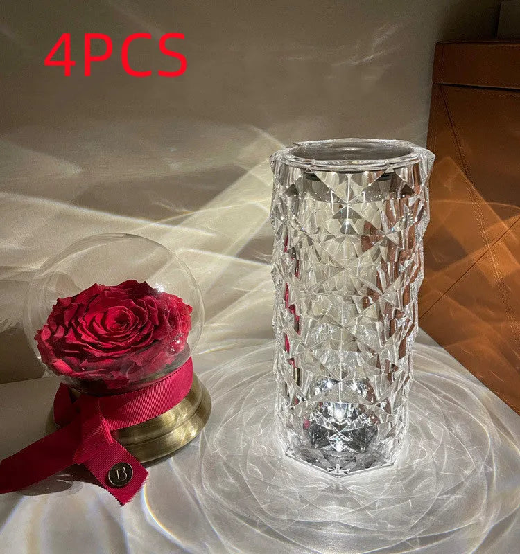 LED rose diamond table lamp with touch switch and three-colour light modes on a wooden table