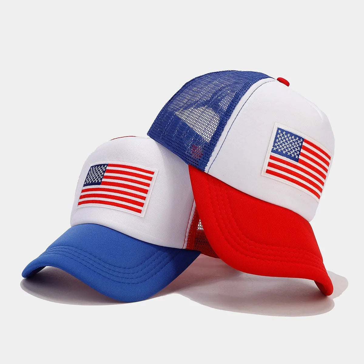 Red and blue contrasting colour breathable mesh baseball cap with adjustable strap