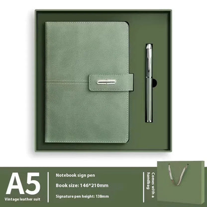 A5 notebook with imitation leather cover in colour options including black, red, green, blue, and orange.