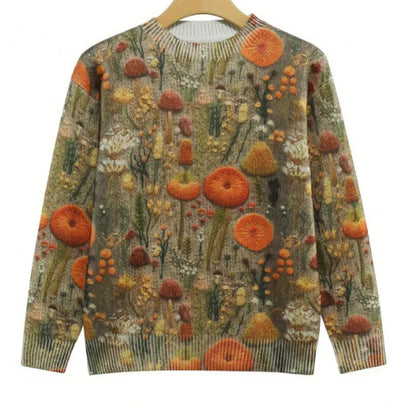 Women's round neck sweater with a colourful digital floral print on polyester fabric.