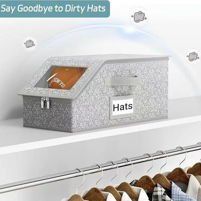Grey foldable fabric storage box with lid for organising shoes and caps.