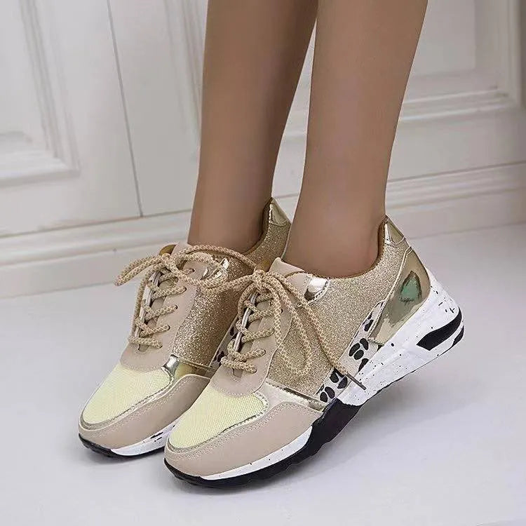 Women's lace-up wedge trainers in beige or grey with round toe, artificial PU upper and rubber sole, sizes 35-43
