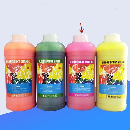 Fluorescent sublimation ink bottles for PET film printing in red, yellow, orange, and green colours