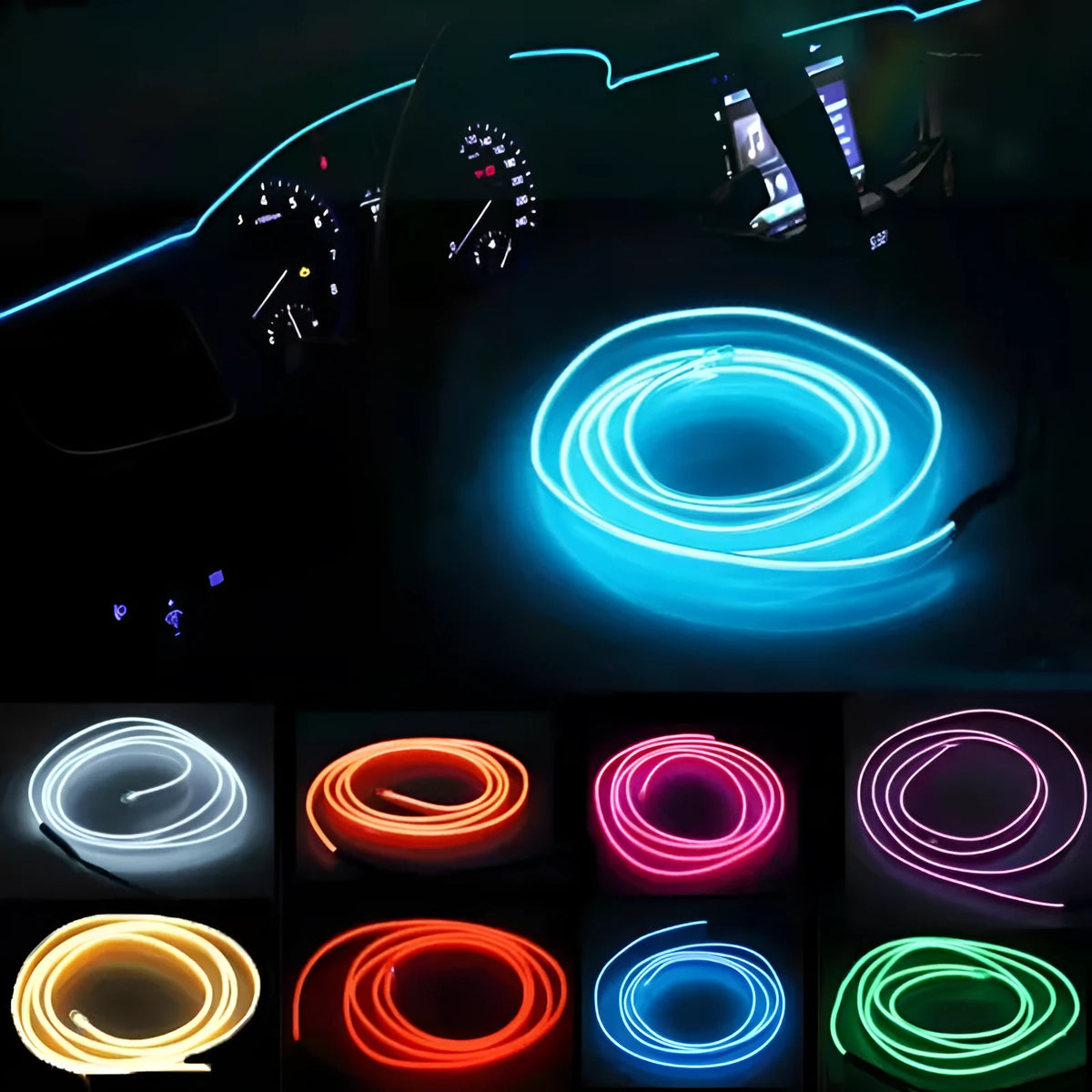 Car ambient light kit showing 6-metre LED light cable and USB driver for interior vehicle lighting.