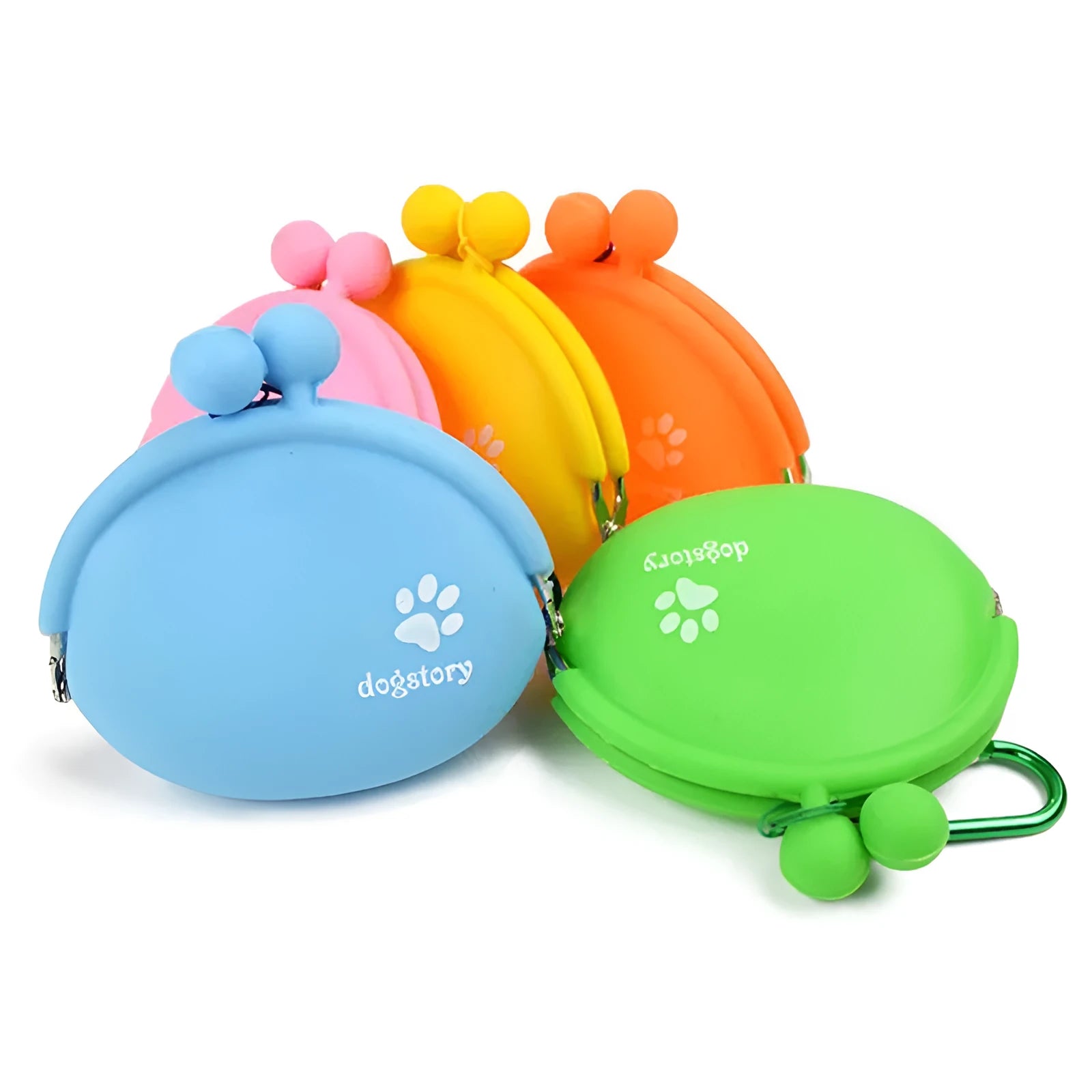 Yellow silicone dog training treat pouch with hook and loop closure, shown on a waistband.