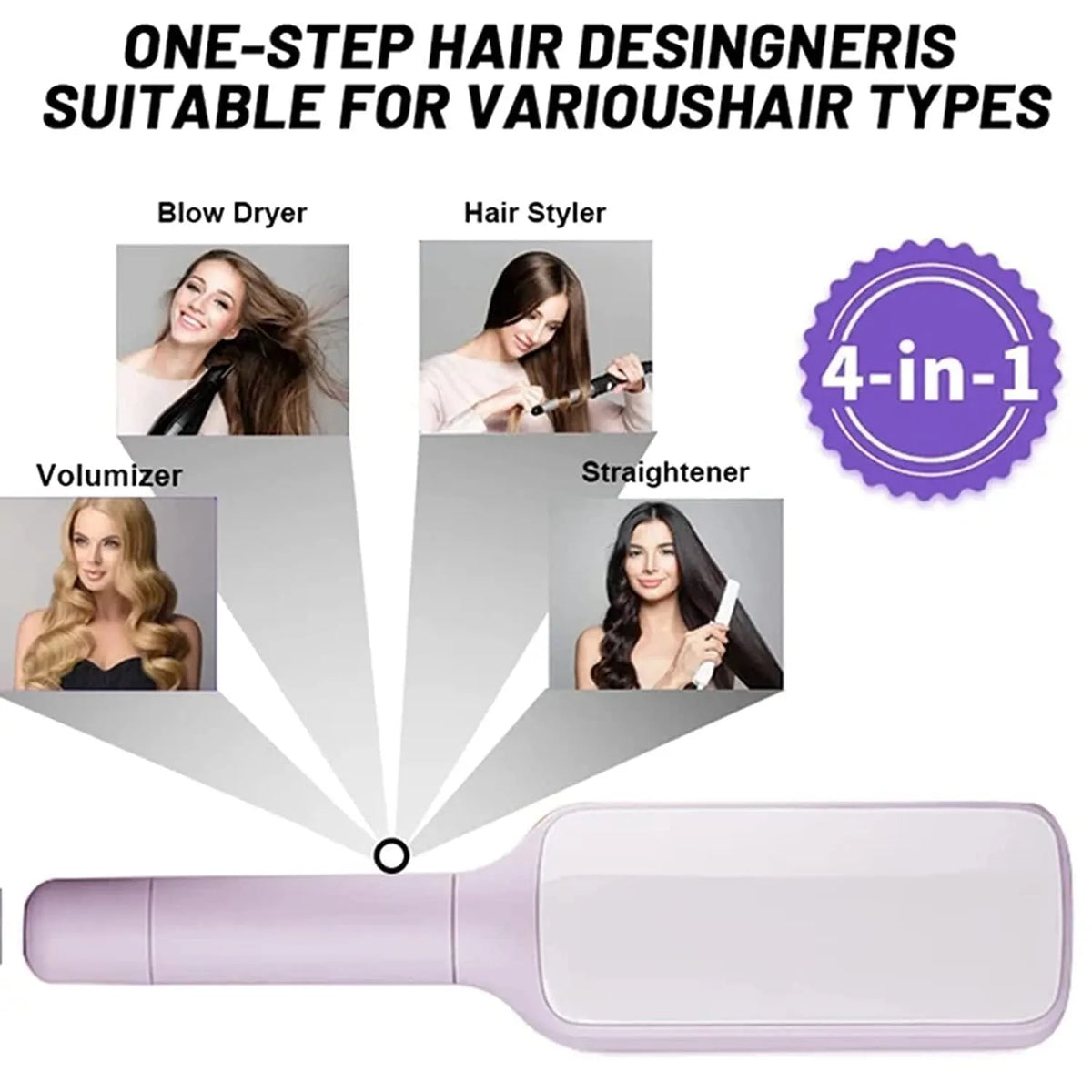 Purple and grey self-cleaning hair brush with rotating handle for easy debris removal