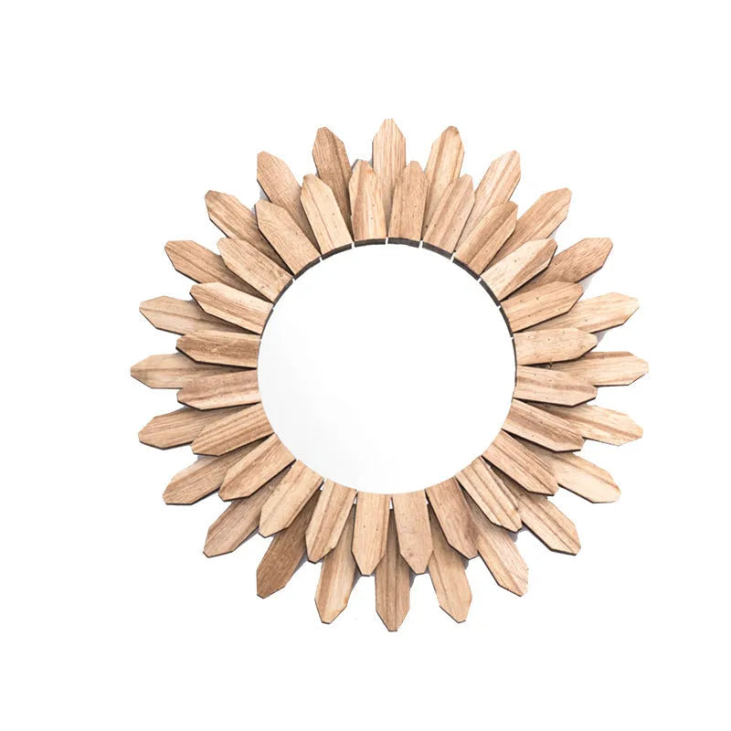 Round European-style solid wood hanging mirror with baked colour frame on a wall.