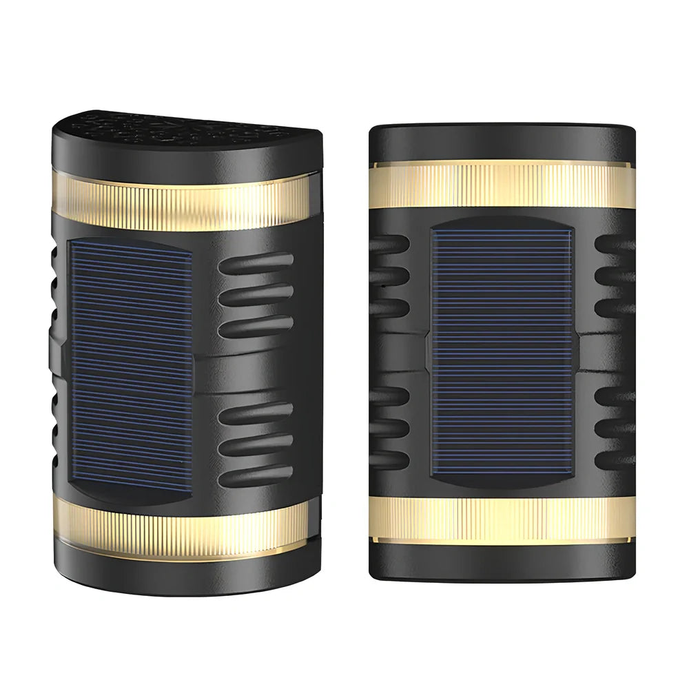 Solar-powered outdoor wall light with waterproof ABS housing measuring 90x60x151mm