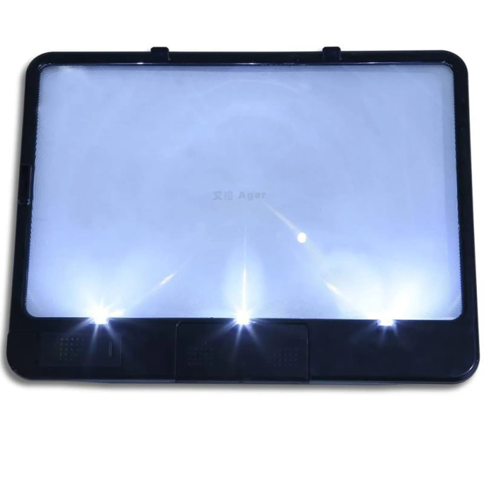 Black desktop LED magnifying glass with 3x magnification and a large 180x140mm PVC lens lit by three white LEDs.