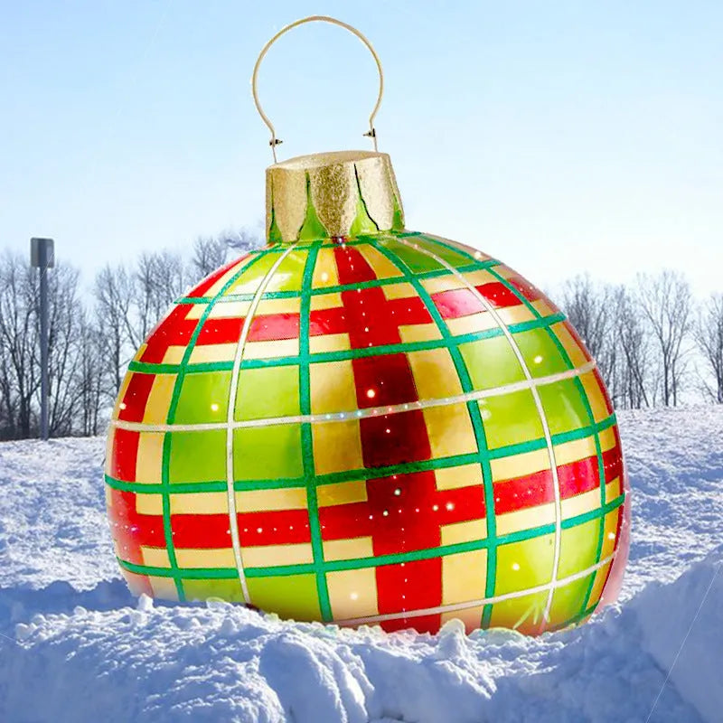 Large 60cm inflatable PVC Christmas decoration ball in bright colours for outdoor garden or tree display.