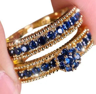 Gold geometric couple ring set with inlaid zircon stones, two-piece unisex design in sizes No 6 to No 10