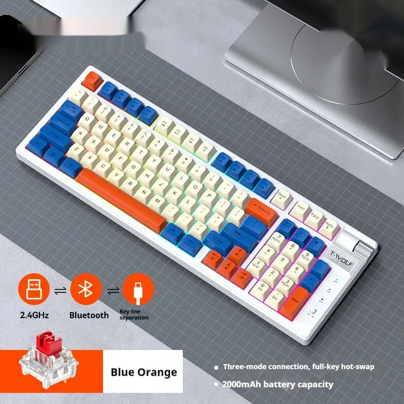 Bluetooth mechanical keyboard with USB charging cable in blue orange or black and red colours
