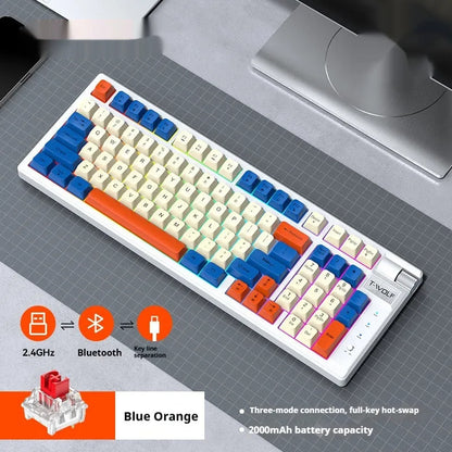 Bluetooth mechanical keyboard with USB charging cable in blue orange or black and red colours