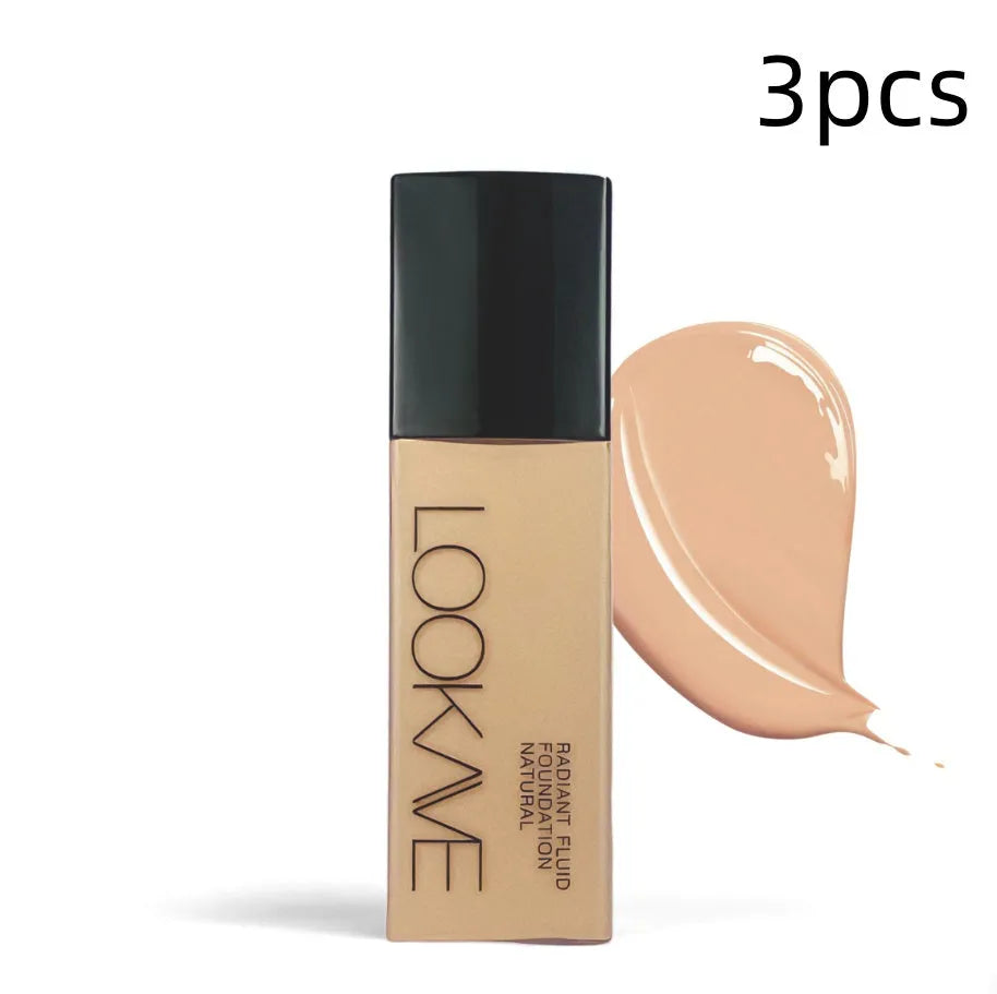 LOOKAVE Matte Liquid Foundation bottle showing 21c quantity with six colour shade options for waterproof coverage