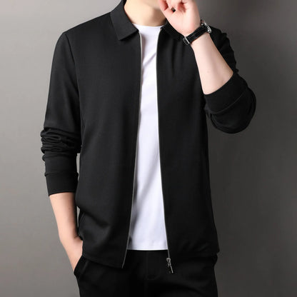 Men's straight hem jacket in black, dark grey, or apricot with regular sleeves and business-casual styling