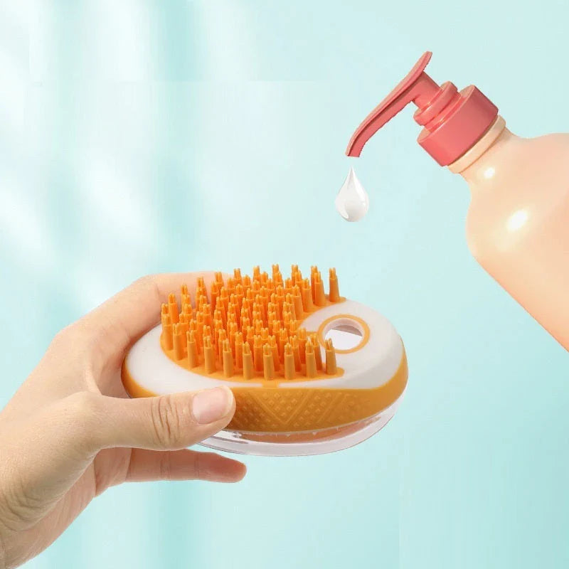 2-in-1 pet grooming brush with soft silicone bristles, shampoo reservoir, and ergonomic grip for bathing and massaging cats and dogs