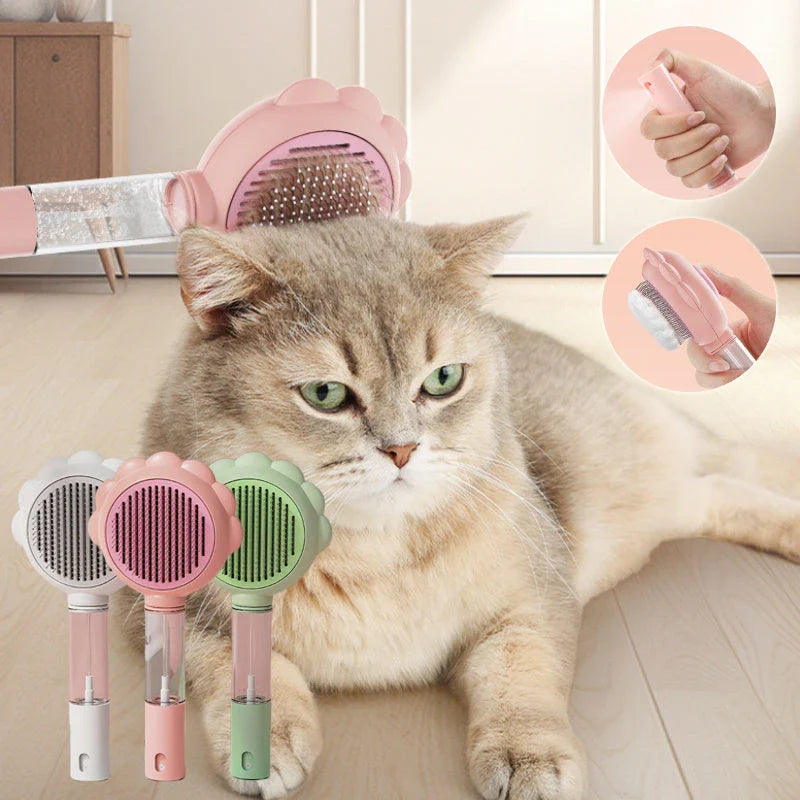Self-Cleaning Pet Grooming Brush with Spray - Gentle Deshedding Tool for Cats and Dogs