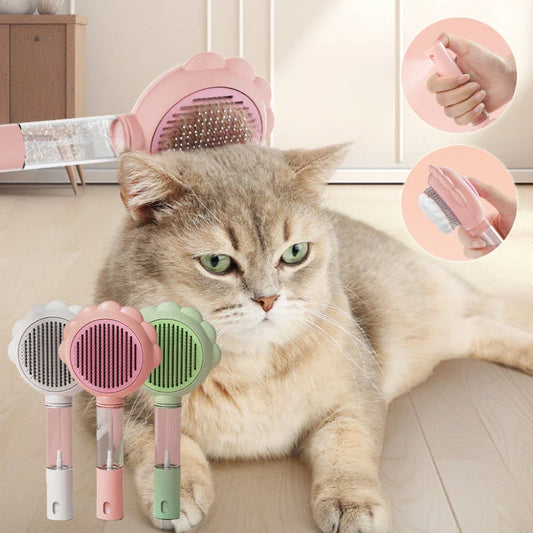 Self-Cleaning Pet Grooming Brush with Spray - Gentle Deshedding Tool for Cats and Dogs