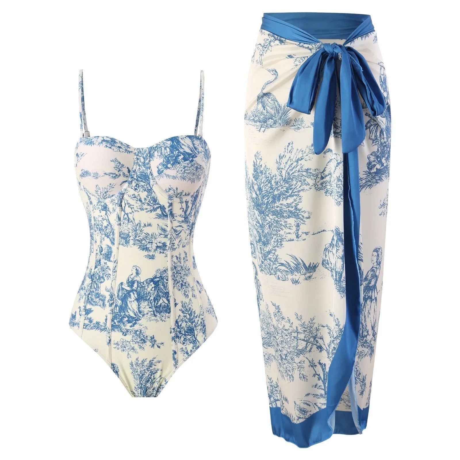 Blue women's one-piece swimsuit on a hanger with a separate gauze skirt.