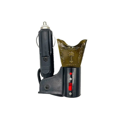 Car mounted plug-in incense burner in metallic finish with classical design for vehicle aromatherapy