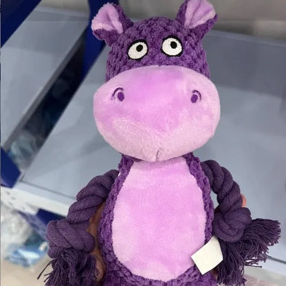 Hippo design plush dog toy with sound feature and cotton rope interior for interactive tug training