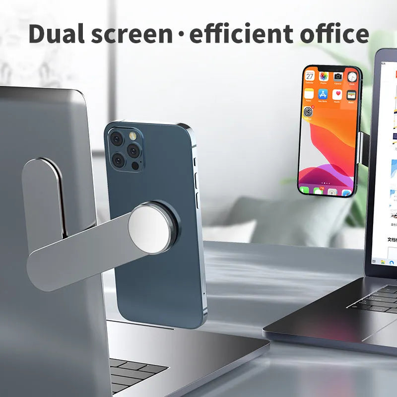 Silver aluminium alloy mobile phone computer dual screen extension bracket with magnetic holder