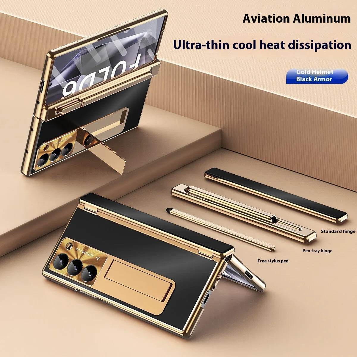 Aluminium alloy flip phone case for Samsung Z Fold 6 with magnetic suction and bracket in gold or black armour colour