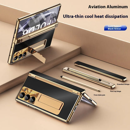 Aluminium alloy flip phone case for Samsung Z Fold 6 with magnetic suction and bracket in gold or black armour colour