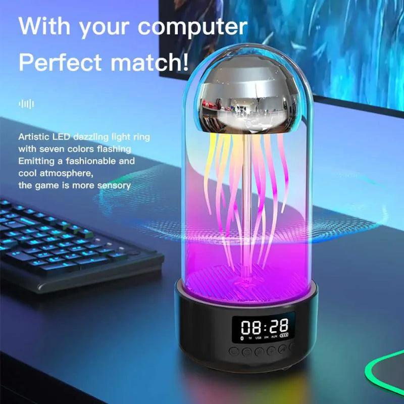 Bluetooth speaker night light with LED digital clock, colourful jellyfish-themed ambient lighting, 8-hour battery life portable stereo for car, fitness, outdoor use and offline music playback via micro TF card