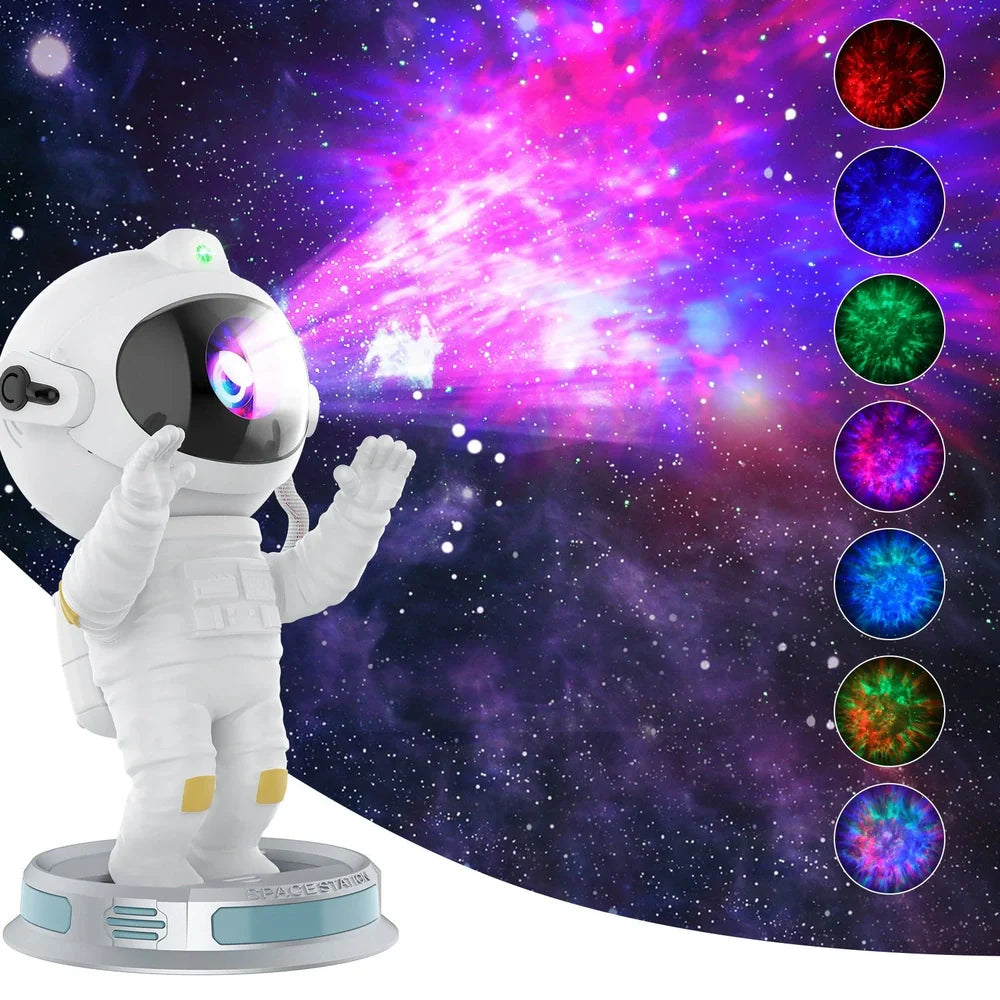 White enamel astronaut starlight projection lamp on base, projecting northern lights and stars, size 22.5 x 12.5 x 12.5cm, USB powered