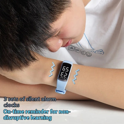 Smart electronic watch with vibration alarm on a silicone strap, showing LED display and 11mm thick case.
