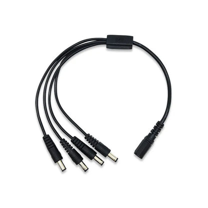 Black DC monitoring power splitter cable with four output connectors for security camera systems