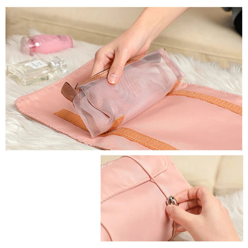 4-in-1 detachable cosmetic bag in green, pink, and black with waterproof oxford material