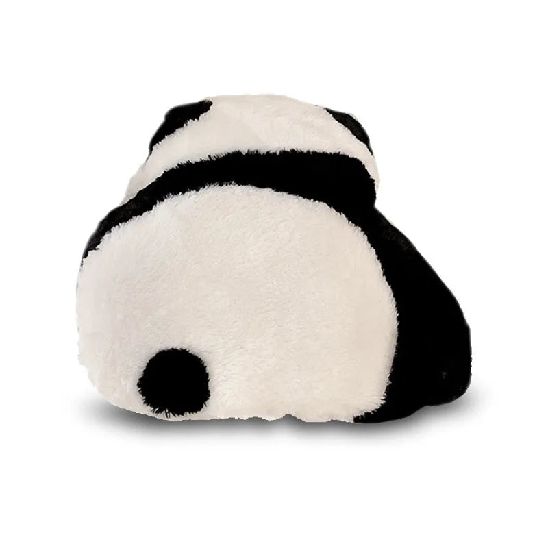 Cartoon panda design plush lumbar support cushion for car seats on a grey background.