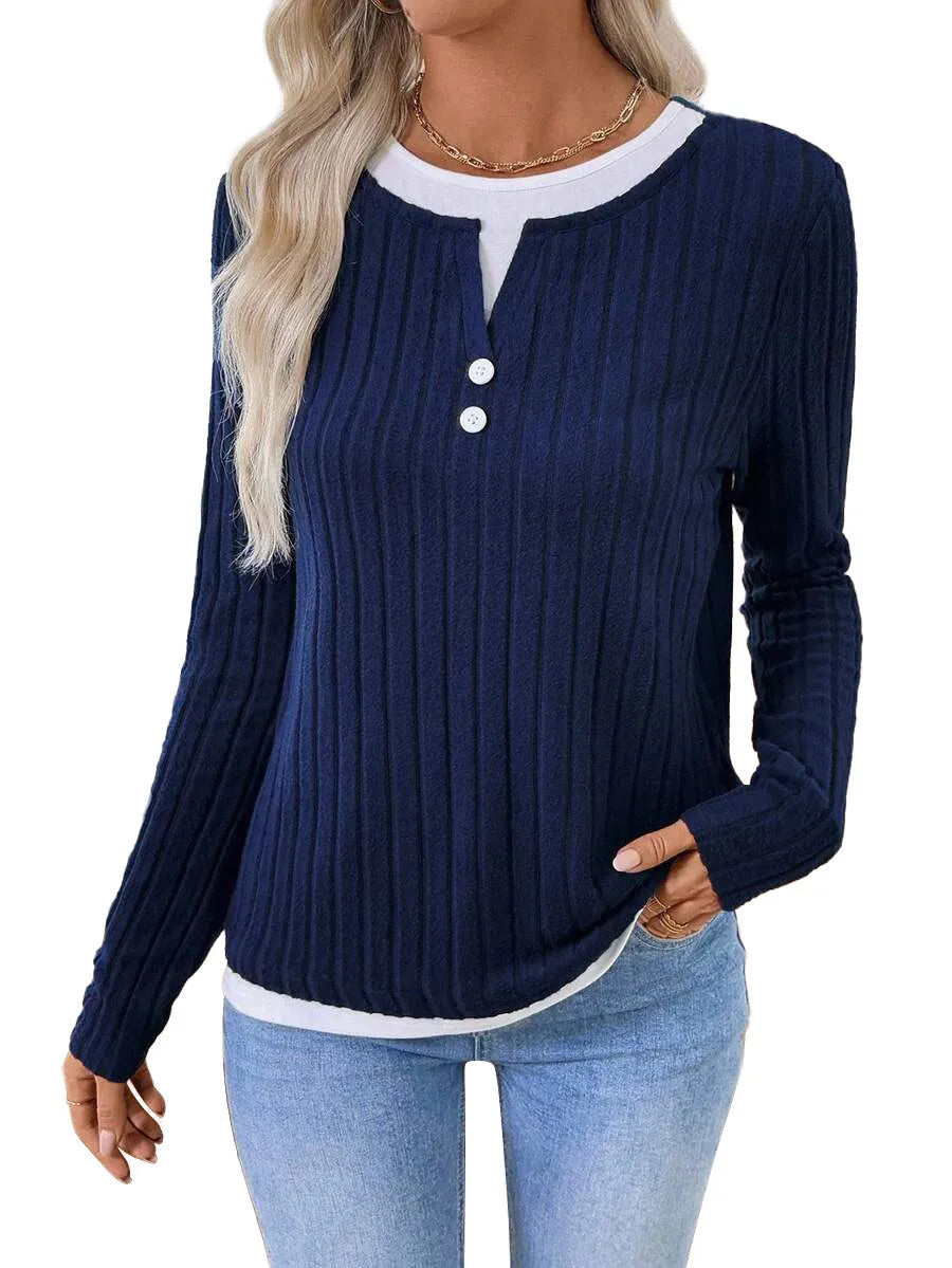Women's black fake two-piece pullover sweater with concave stripe texture and round neck.