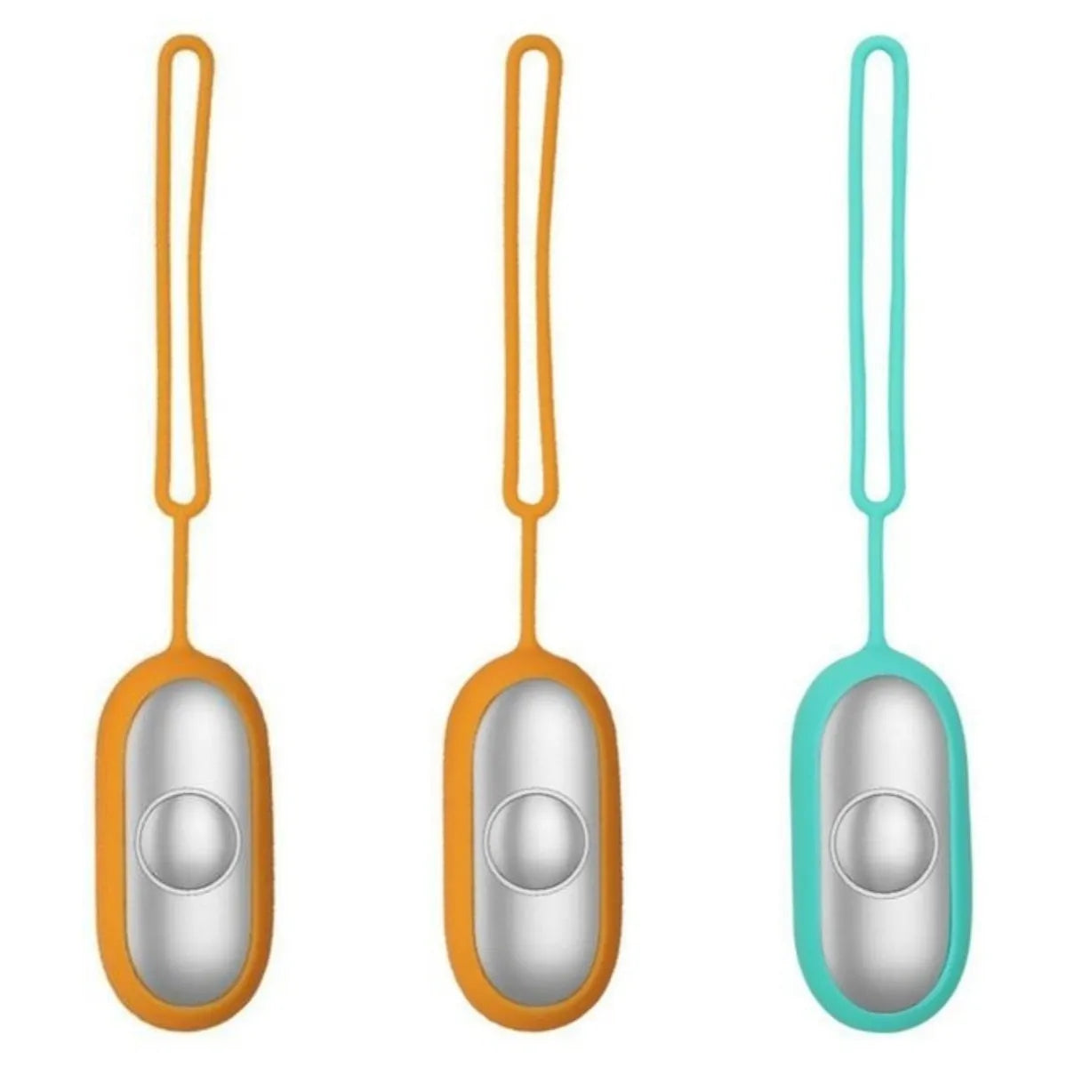 Hand-held micro-current sleep aid device in grey, green, or orange with round button and USB charging port