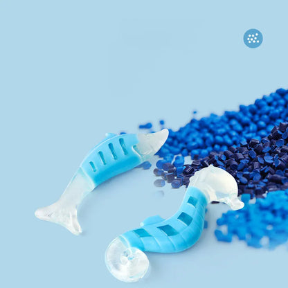 Two PU nylon dog chew toys: one seahorse shape and one tuna shape, on a white background.