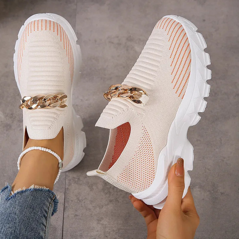 Women's chain mesh slip-on flat shoes with fly weaving upper and chunky EVA sole in beige, black, or orange