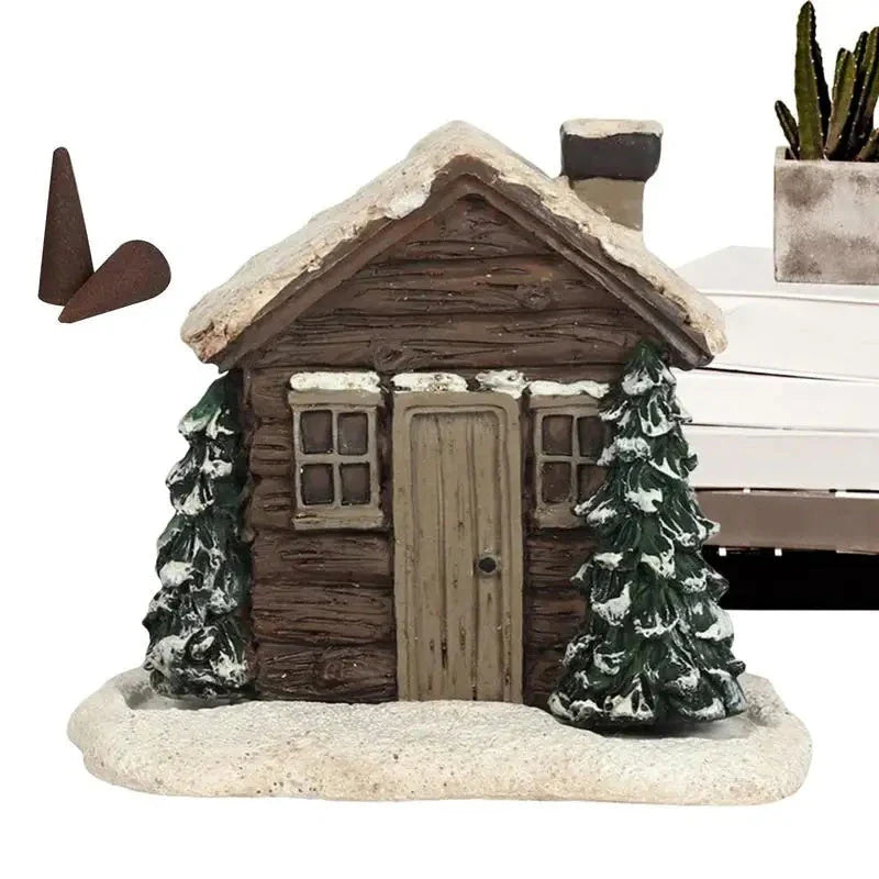Rustic log cabin incense burner with intricate details, filling the air with soothing aromas